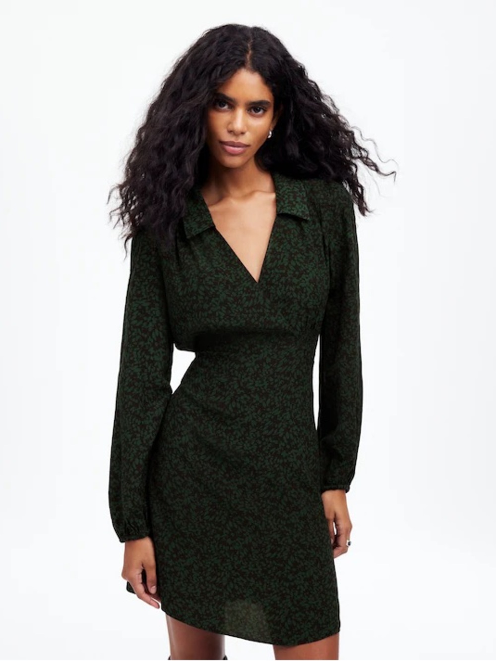 Madewell Long-Sleeve Mini Shirtdress Floral Dark Green V-Neck Dress 10